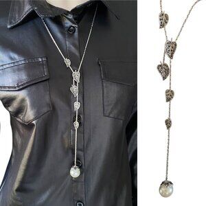 Silver Tone Long Crystal Leaves Pearl Drop Necklace